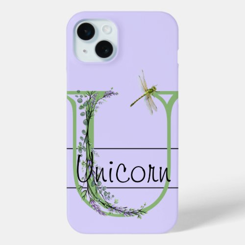 Monogram alphabet U Lavender Eucalyptus Dragonfly iPhone 15 Plus Case