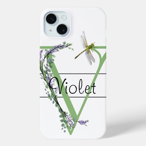 Monogram alphabet V Lavender Eucalyptus Dragonfly iPhone 15 Plus Case