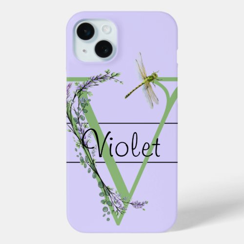 Monogram alphabet V Lavender Eucalyptus Dragonfly iPhone 15 Plus Case