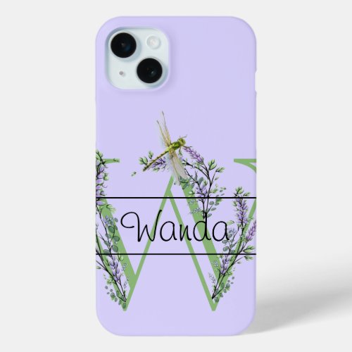 Monogram alphabet W Lavender Eucalyptus Dragonfly iPhone 15 Plus Case