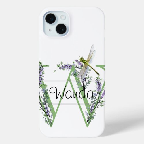 Monogram alphabet W Lavender Eucalyptus Dragonfly iPhone 15 Plus Case