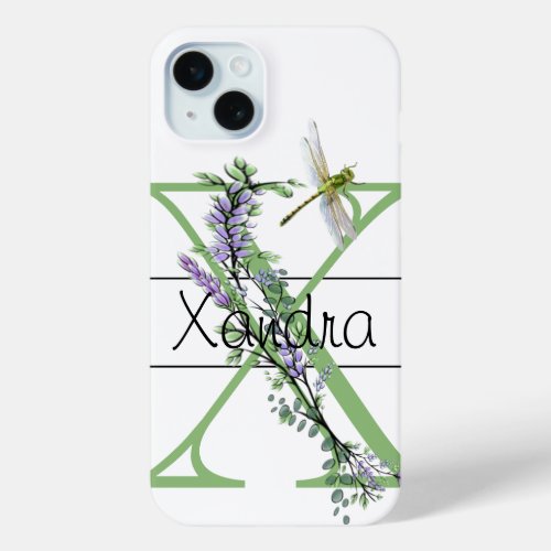 Monogram alphabet X Lavender Eucalyptus Dragonfly iPhone 15 Plus Case