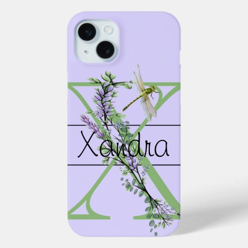 Monogram alphabet X Lavender Eucalyptus Dragonfly iPhone 15 Plus Case