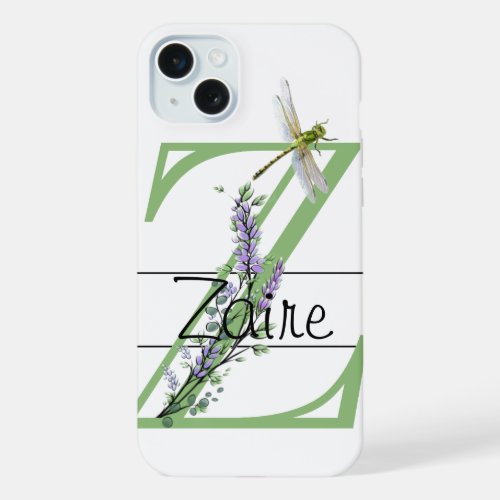 Monogram alphabet Z Lavender Eucalyptus Dragonfly iPhone 15 Plus Case