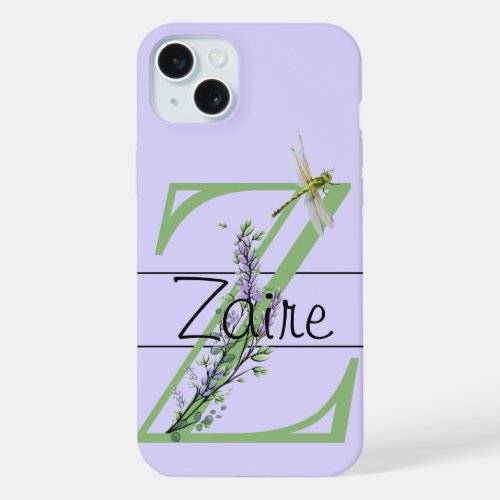 Monogram alphabet Z Lavender Eucalyptus Dragonfly iPhone 15 Plus Case