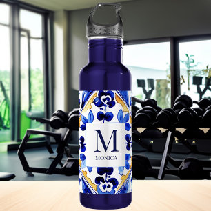 Monogram Amalfi Vietri Italian blue tiles gifts Stainless Steel Water Bottle