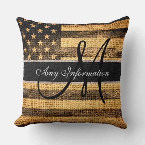 Monogram American Flag Burlap Linen Rustic Jute 2 Throw Pillow