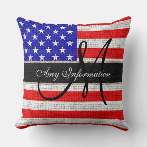 Monogram American Flag Burlap Linen Rustic Jute Throw Pillow