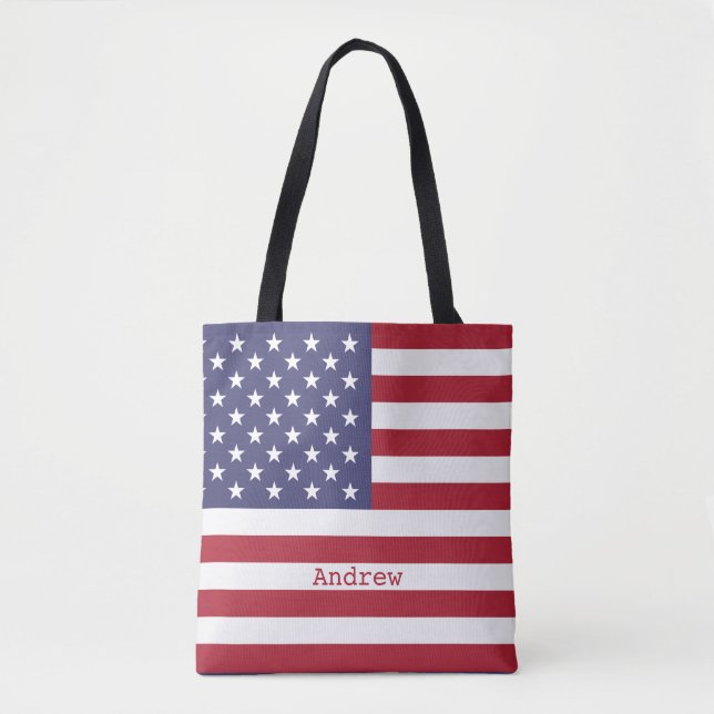 Monogram American USA Flag 4th of July Personalize Tote Bag (Front)