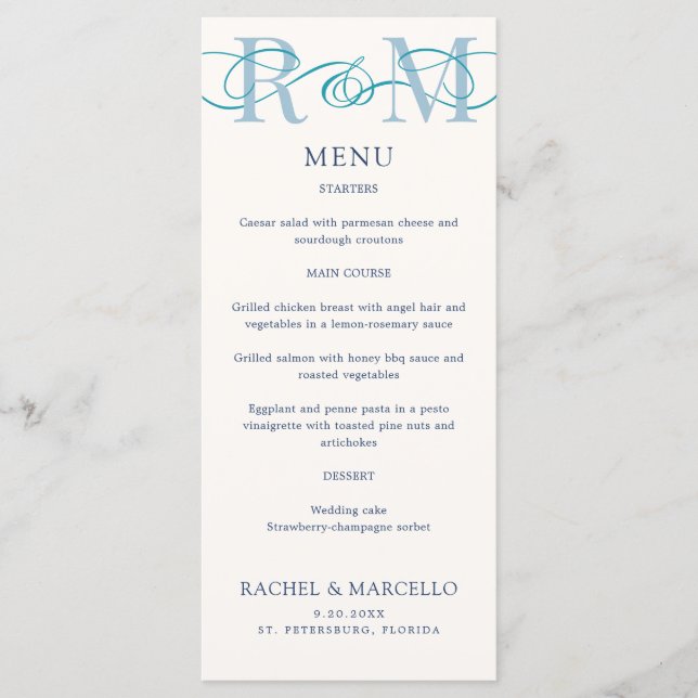 Monogram Ampersand Dusty Navy Blue Wedding Menu (Front)