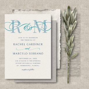 Monogram Ampersand Dusty Navy Teal QR Code Wedding Invitation