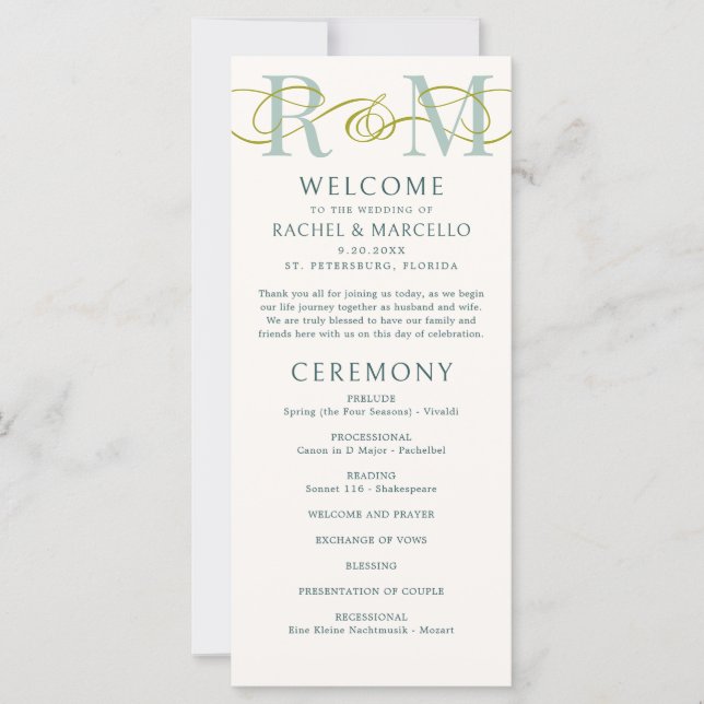 Monogram Ampersand Sage Green Wedding Program (Front)
