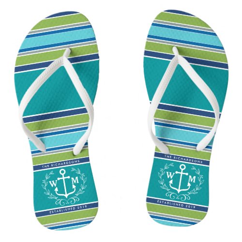 Monogram Anchor Laurel Wreath Stripes Aqua Flip Flops