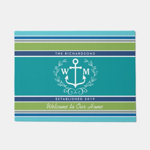 Monogram Anchor Laurel Wreath Stripes Nautical Doormat