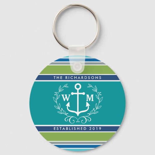 Monogram Anchor Laurel Wreath Stripes Nautical Keychain