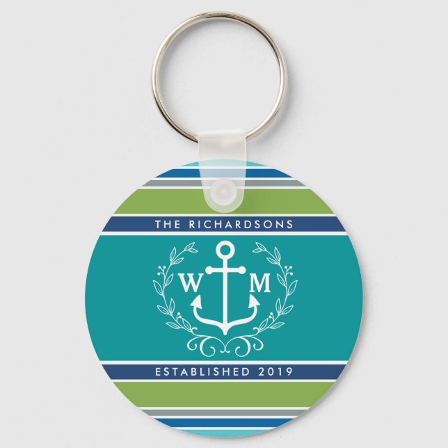 Monogram Anchor Laurel Wreath Stripes Nautical Keychain (Front)