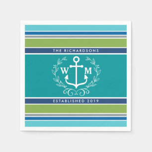 Monogram Anchor Laurel Wreath Stripes Nautical Paper Napkins