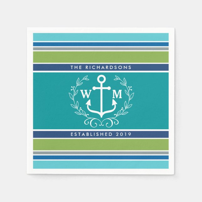 Monogram Anchor Laurel Wreath Stripes Nautical Paper Napkins (Front)