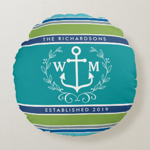 Monogram Anchor Laurel Wreath Stripes Nautical Round Pillow