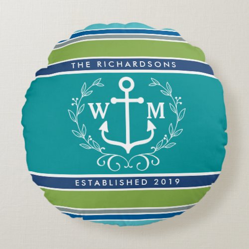 Monogram Anchor Laurel Wreath Stripes Nautical Round Pillow