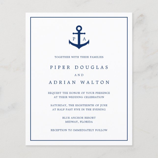 Monogram Anchor Nautical Budget Wedding Invitation (Front)