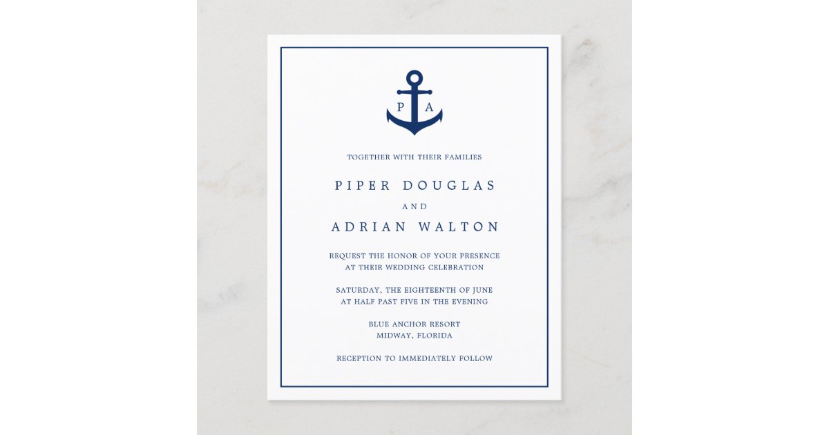 Monogram Anchor Nautical Budget Wedding Invitation | Zazzle