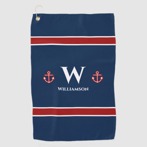 Monogram Anchor Nautical Red White Blue Stripes Golf Towel