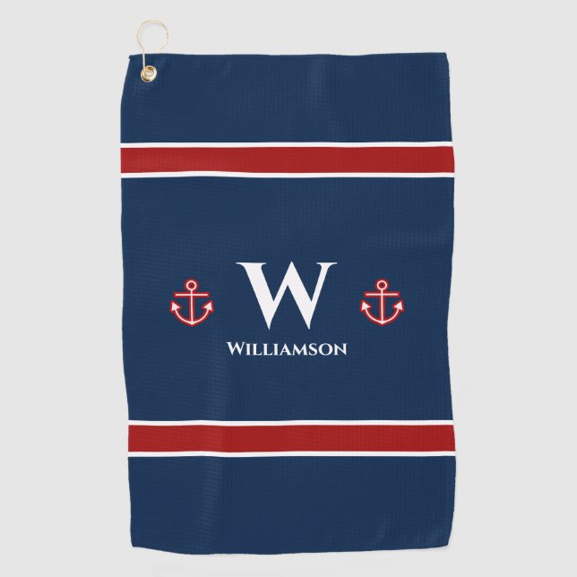 Monogram Anchor Nautical Red White Blue Stripes Golf Towel (Front)