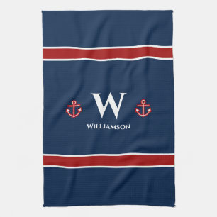 Monogram Anchor Nautical Red White Blue Stripes Kitchen Towel