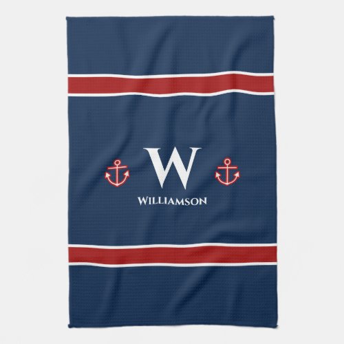 Monogram Anchor Nautical Red White Blue Stripes Kitchen Towel