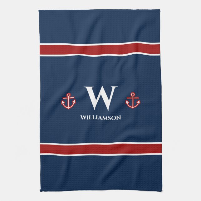 Monogram Anchor Nautical Red White Blue Stripes Kitchen Towel (Vertical)