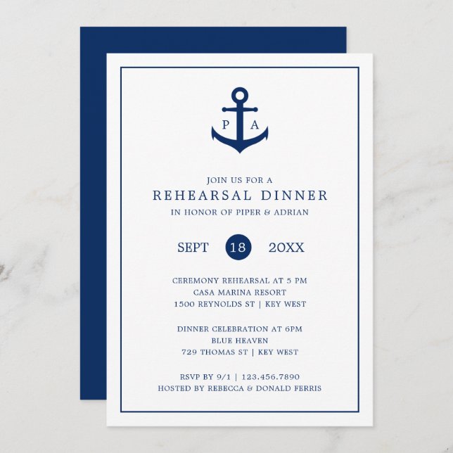 Monogram Anchor Nautical Rehearsal Dinner Invitation (Front/Back)