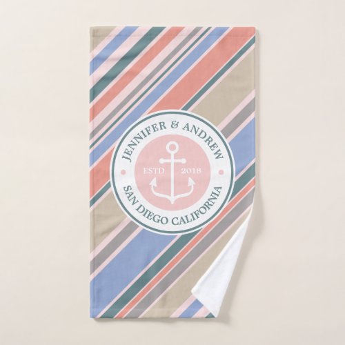 Monogram Anchor Nautical Wedding Blush Pink Stripe Hand Towel