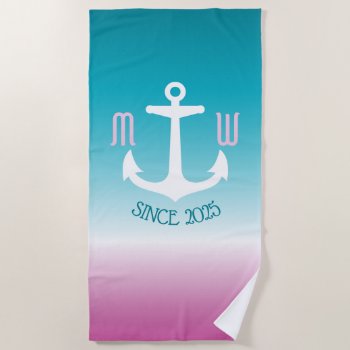 Monogram Anchor Ombre Turquoise Pink Nautical Beach Towel by BCMonogramMe at Zazzle