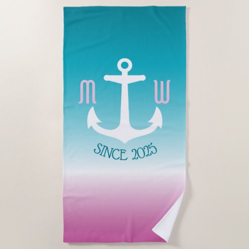 Monogram Anchor Ombre Turquoise Pink Nautical Beach Towel