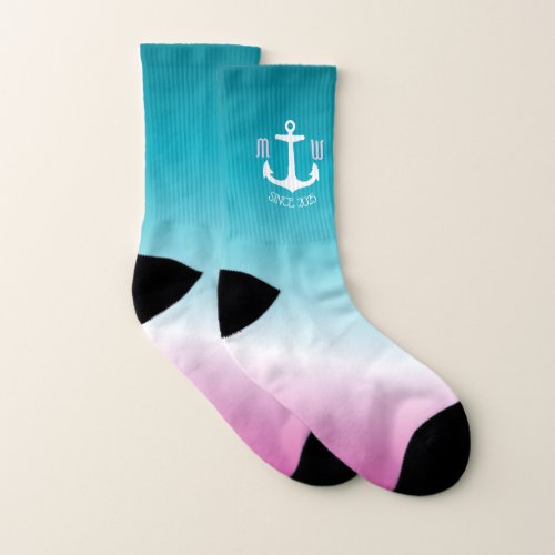 Monogram Anchor Ombre Turquoise Pink Nautical Socks