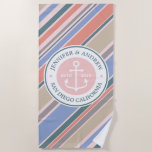 Monogram Anchor Trendy Stripes Dusty Pink Nautical Beach Towel at Zazzle