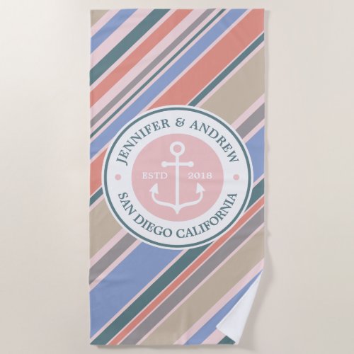 Monogram Anchor Trendy Stripes Dusty Pink Nautical Beach Towel