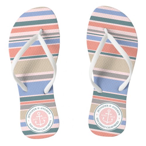 Monogram Anchor Trendy Stripes Pink Nautical Beach Flip Flops