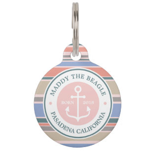 Monogram Anchor Trendy Stripes Pink Nautical Beach Pet Name Tag