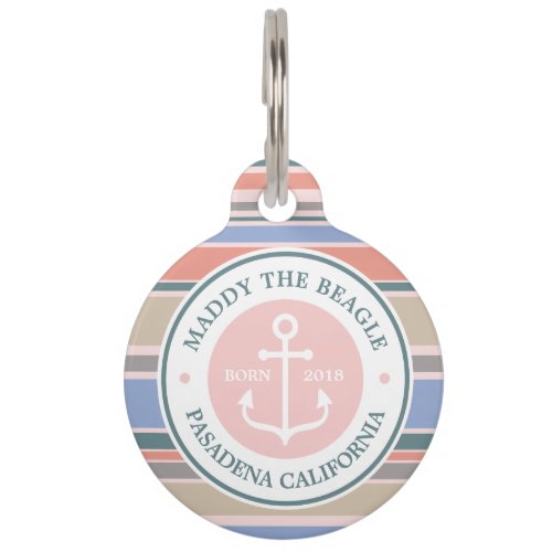 Monogram Anchor Trendy Stripes Pink Nautical Beach Pet Name Tag