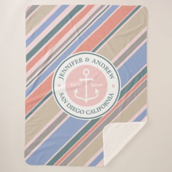 Monogram Anchor Trendy Stripes Pink Nautical Beach Sherpa Blanket by BCMonogramMe at Zazzle