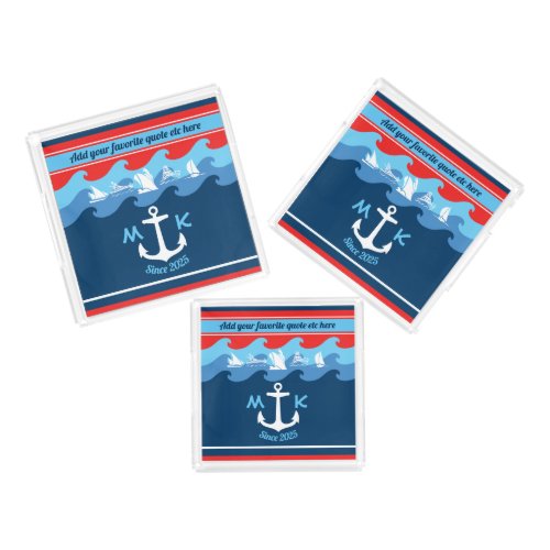 Monogram Anchor Waves Boat Red White Blue Nautical Acrylic Tray