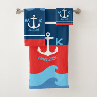 Monogram Anchor Waves Boat Red White Blue Nautical Bath Towel Set