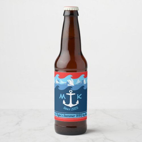 Monogram Anchor Waves Boat Red White Blue Nautical Beer Bottle Label