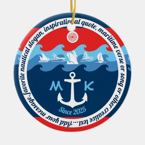 Monogram Anchor Waves Boat Red White Blue Nautical Ceramic Ornament