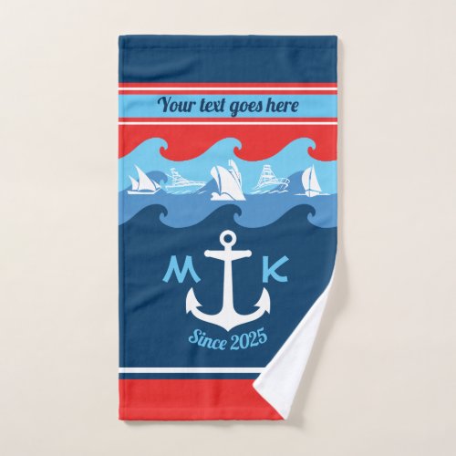 Monogram Anchor Waves Boat Red White Blue Nautical Hand Towel