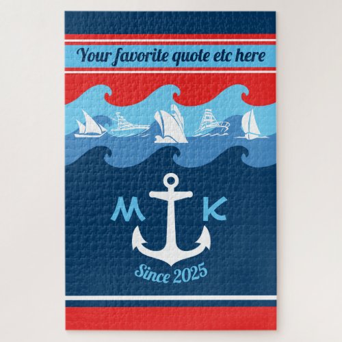 Monogram Anchor Waves Boat Red White Blue Nautical Jigsaw Puzzle