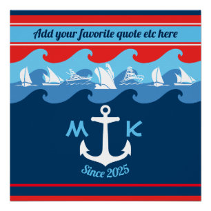 Monogram Anchor Waves Boat Red White Blue Nautical Poster