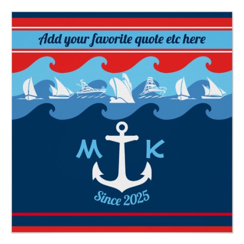 Monogram Anchor Waves Boat Red White Blue Nautical Poster